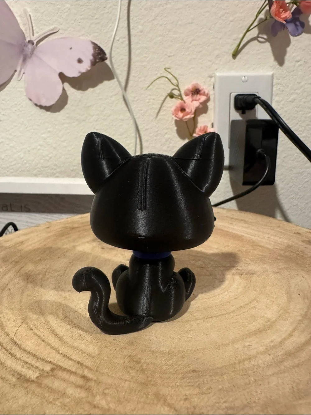 Black Cat Figurine with Green Eyes and Blue Collar - Pet Décor